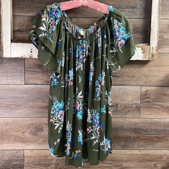 Terra & Sky Womens Floral Blouse Size 2X 20W / 22W Green w/ Multicolor Flowers - Picture 2 of 6